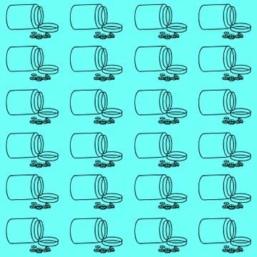 Pattern outline of tablets and granules on a blue background. Vector Doodle Stock Illustration