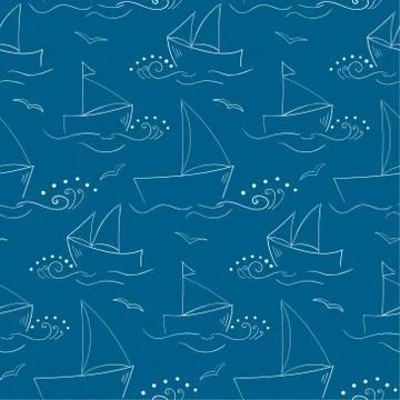 Pattern with outlined sailing-ships and waves Illustrazione stock