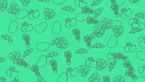Pattern of outlines of fruits and vegetables on a green background. Ideal for fo Stock Footage 333799635