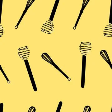 Pattern over yellow background with black vector kitchen whisks. Stock Illustration