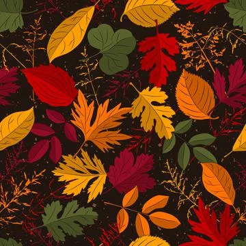 Pattern with overlapping autumn leaves, grass Stock Illustration