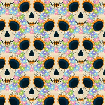 Pattern with a painted female skull and flowers, for the DIA DE LOS MUERTOS Stock Illustration