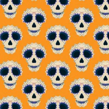 Pattern with painted female skulls and marigolds for the DIA DE LOS MUERTOS Stock Illustration