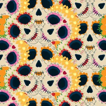 Pattern with painted female skulls, roses and marigolds, DIA DE LOS MUERTOS Stock Illustration