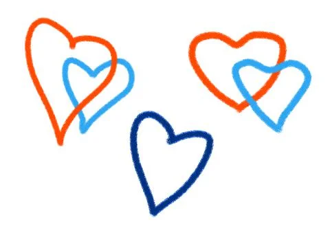 Pattern of a pair of hearts red and blue pair and one on a white isolated bac Illustrazione stock