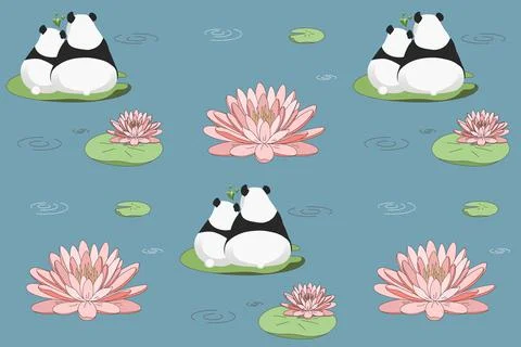 A pattern with a pair of pandas and a blooming lily 스톡 일러스트