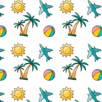 Pattern palm trees ball plane sun summer Stock Illustration