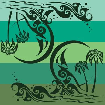 Pattern, palms and beach on emerald background, vector illustration, Stock Illustration