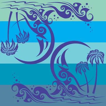 Pattern, palms and beach on emerald background, vector illustration, 스톡 일러스트