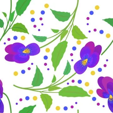 Pattern with Pansy flowers and multicolor circles. 库存插图