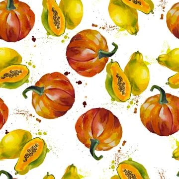 Pattern with papaya and pumpkin on a white background in a watercolor style. Stock Illustration