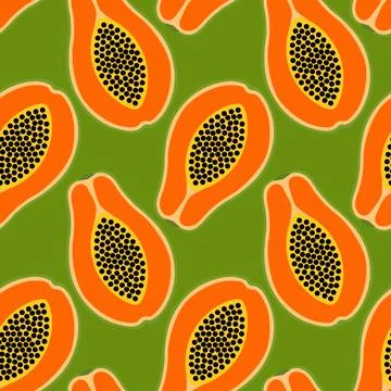Pattern of Papaya Slices on Green Background Showing Seeds and Vibrant Colors Иллюстрация