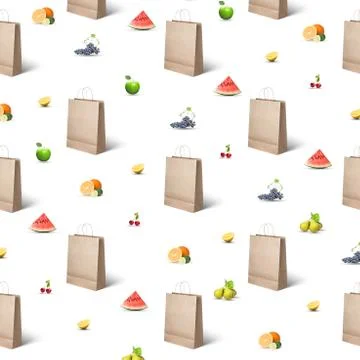 Pattern of paper bags and different fruits Stock-Fotos