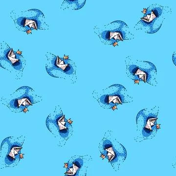 Pattern Paper boat sailing on water with small flag Illustrazione stock