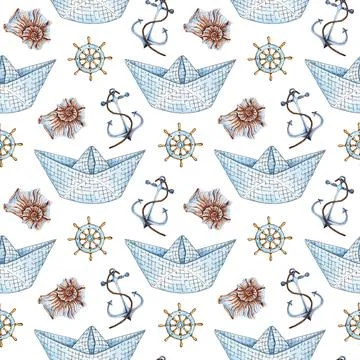 Pattern of a paper boat, steering wheel, anchor and shell watercolor Illustrazione stock