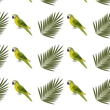 Pattern of parrots and palm leaves on a white background Stock Illustration