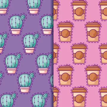 Pattern of patches with coffee and cactus in pot plant Illustrazione stock