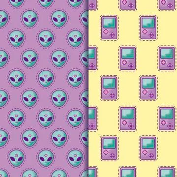 Pattern patches of head alien and video game handle Illustrazione stock