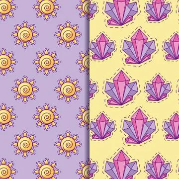 Pattern patches of quartz rocks and cute suns イラスト素材
