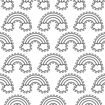 Pattern of patches with rainbow and clouds Illustrazione stock