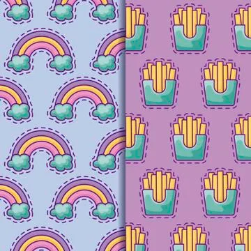Pattern of patches with rainbow and french fries 스톡 일러스트
