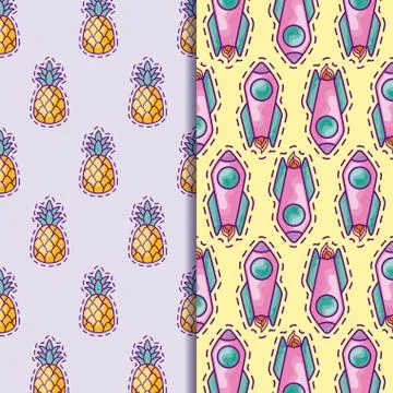 Pattern patches of rocket startup and pineapples Stock Illustration
