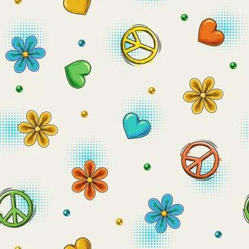 Pattern with peace sign, chamomile flower, hearts Stock Illustration