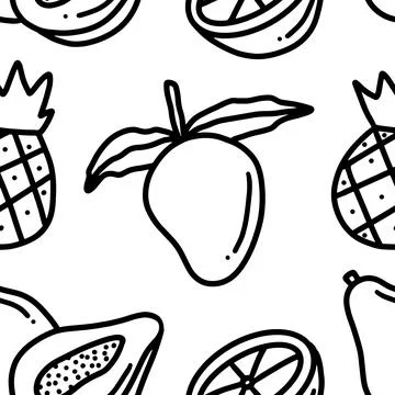 Pattern of pear fruit around various fruits doodle Stock Illustration