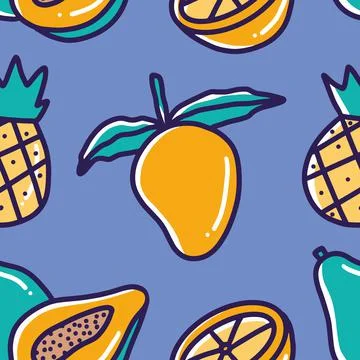 Pattern of pear fruit around various fruits doodle Stock Illustration