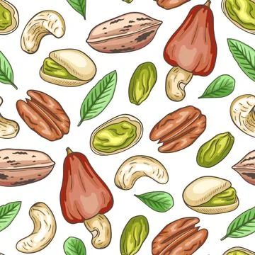 Pattern with pecan nuts, cashew and pistachio. Stock Illustration