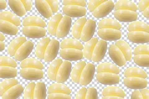 Pattern of peeled garlic cloves arranged on a white background, repeating f.. 库存照片