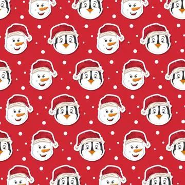 Pattern with penguin face and snowman in red gift paper vector Stock Illustration