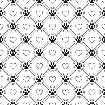 Pattern with pet footprint, heart in diagonal grid Stock Illustration