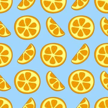Pattern Pieces of oranges on a blue background. Slice and circle of citrus fruit Stock Illustration