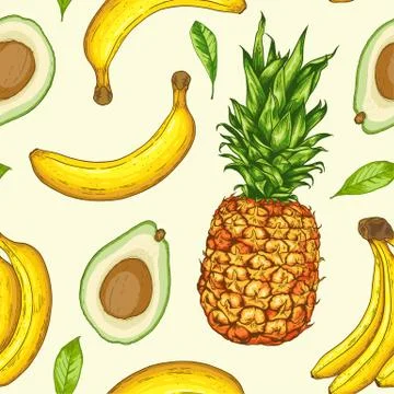 Pattern with pineapple, avocado and banana Stock Illustration