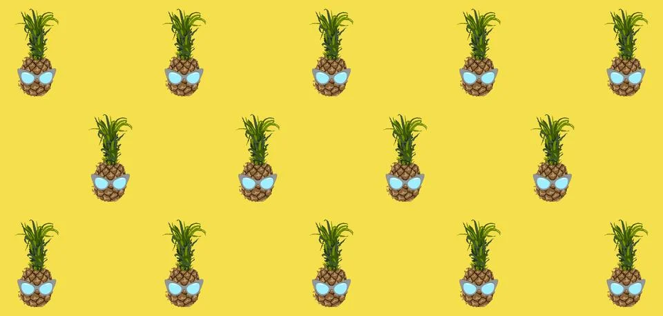 Pattern with pineapple fruit in a sunglasses - on an pastel yellow background Stock Illustration