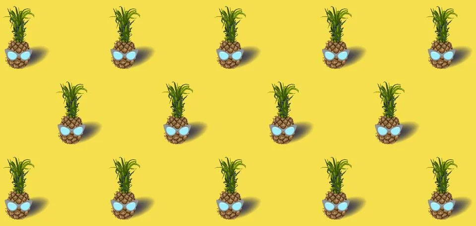 Pattern with pineapple fruit in a sunglasses - on an pastel yellow background Stock Illustration