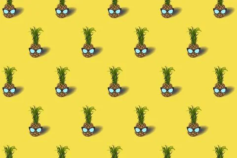 Pattern with pineapple fruit in a sunglasses - on an pastel yellow background Stock Illustration