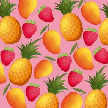 Pattern of pineapples with strawberries and mangoes 스톡 일러스트