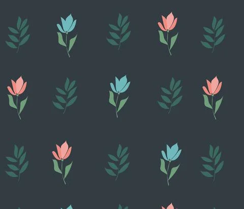Pattern of pink and blue flowers, palm branches on a dark green background Stock Illustration