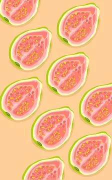 A pattern of pink and green half sliced guava fruit. Seeds of tropical fruit gua Stock Illustration