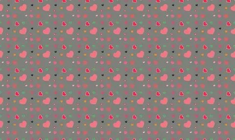 Pattern of pink and red hearts with small stars on gray background Stock Illustration