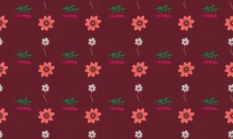 Pattern of pink and white flowers with green leaves on dark background Stock Illustration