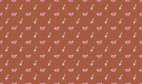 Pattern of pink and white spoons and bowls on brown background Stockillustratie