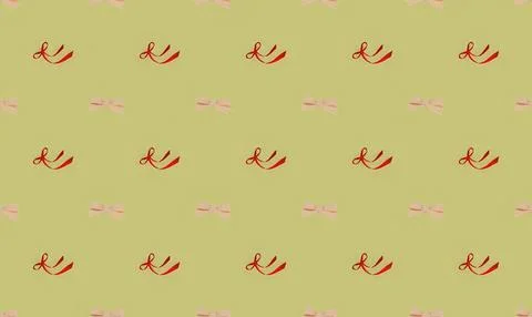 Pattern of pink bows and red ribbons on a green background Stock Illustration