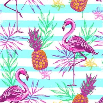 Pattern with pink flamingo and pineapples 스톡 일러스트