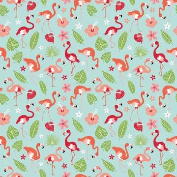 Pattern with pink flamingos and tropical leaves on a blue background. Pink .. Stock Illustration