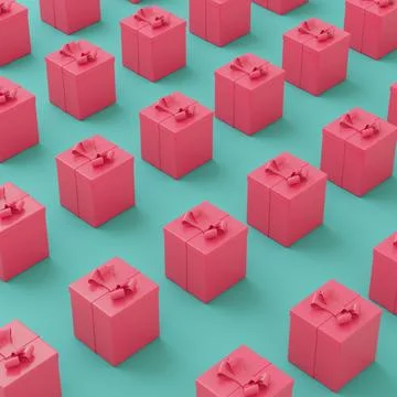 Pattern of pink gift boxes with bows on turquoise background. Minimalism co.. Illustrazione stock