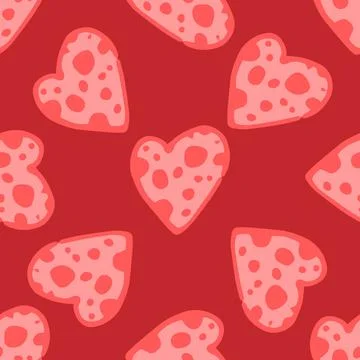 A pattern of pink heart with and texture dots of different sizes on a red Stock Illustration