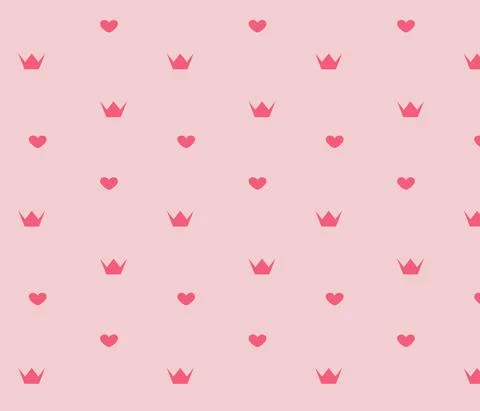 Pattern of pink hearts and crowns on a light pink background, vector image Stock Illustration